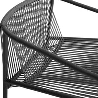 Black woven chair featuring a modern geometric pattern and sleek lines for a contemporary look.