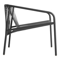 Black metal outdoor chair with a modern design featuring sleek lines and open back pattern. Ideal for stylish seating.