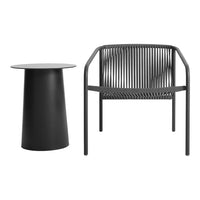 Sleek black chair with striped backrest and minimalist black round side table, perfect for modern decor.