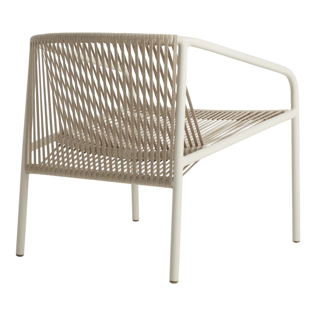 Beige and white rope patio chair with a modern geometric pattern and open backing design. Ideal for outdoor seating.