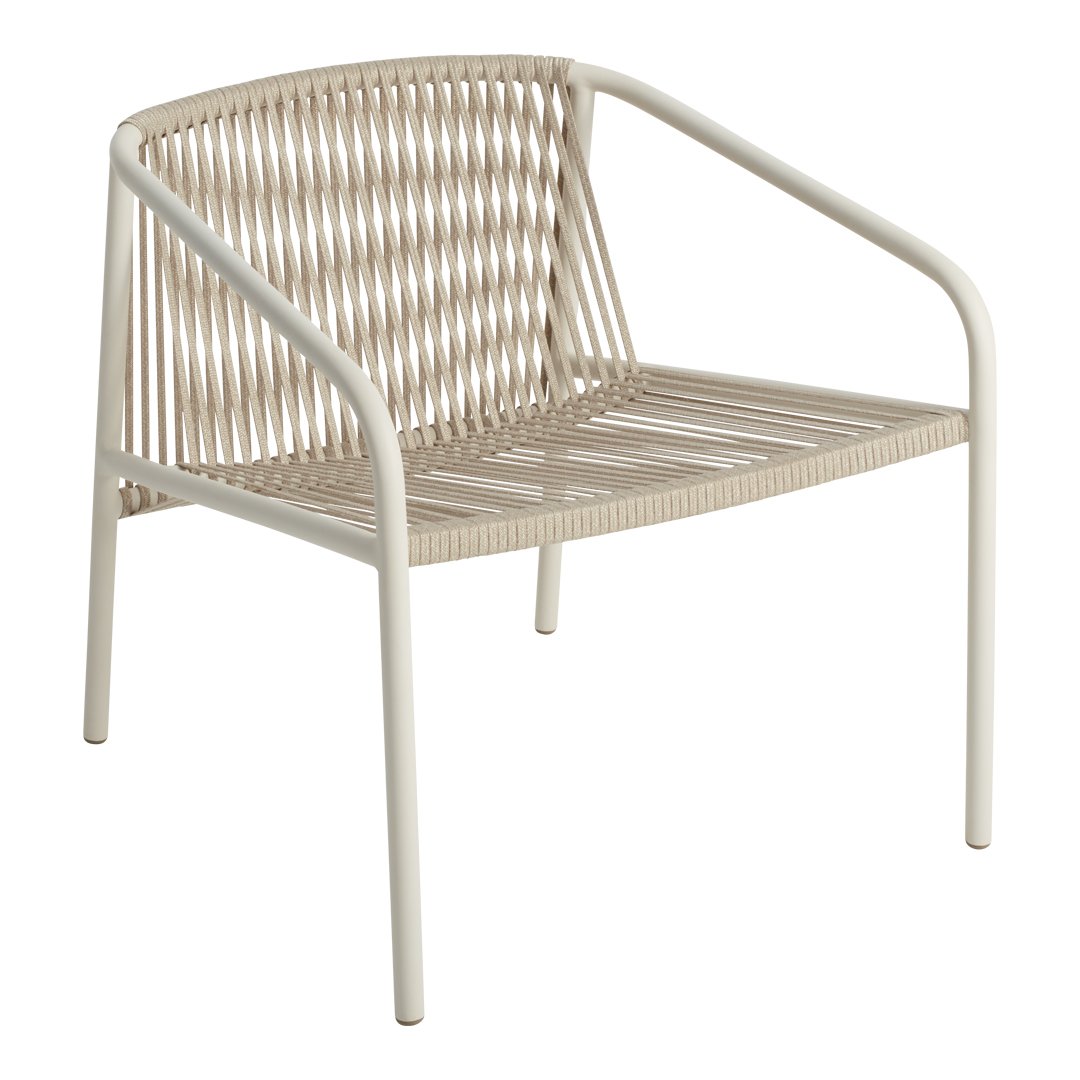 Beige striped patio chair with a minimalist design and white metal frame. Perfect for outdoor or indoor use.