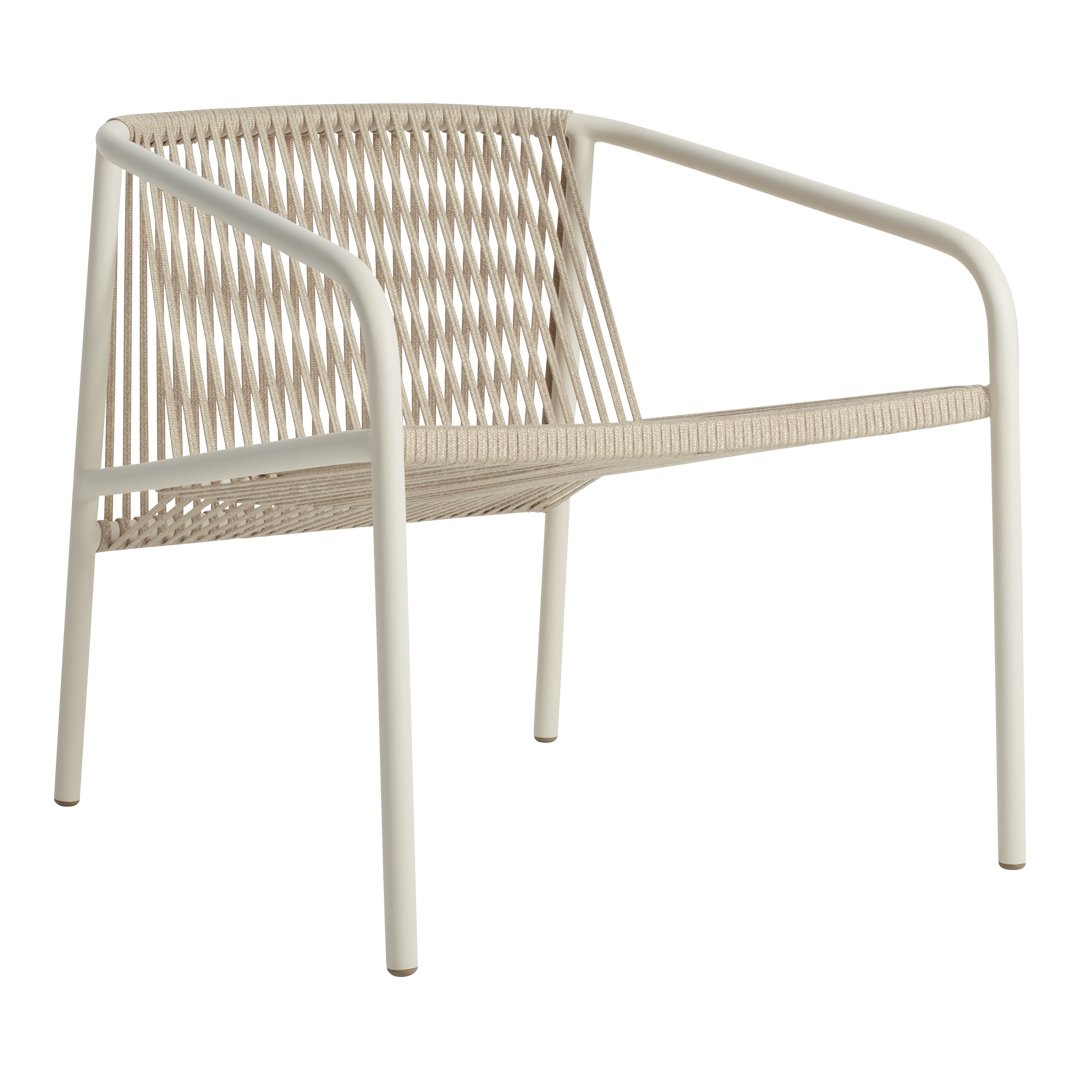 Light beige chair with a woven pattern and minimalist design, featuring a sleek white metal frame. Ideal for modern decor.