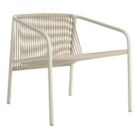 Light beige chair with a woven pattern and minimalist design, featuring a sleek white metal frame. Ideal for modern decor.