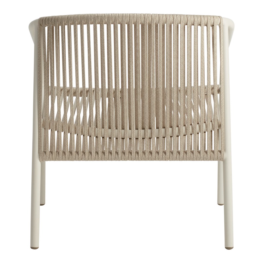 Beige woven pattern with white legs, showcasing a modern minimalist design in a stylish chair.