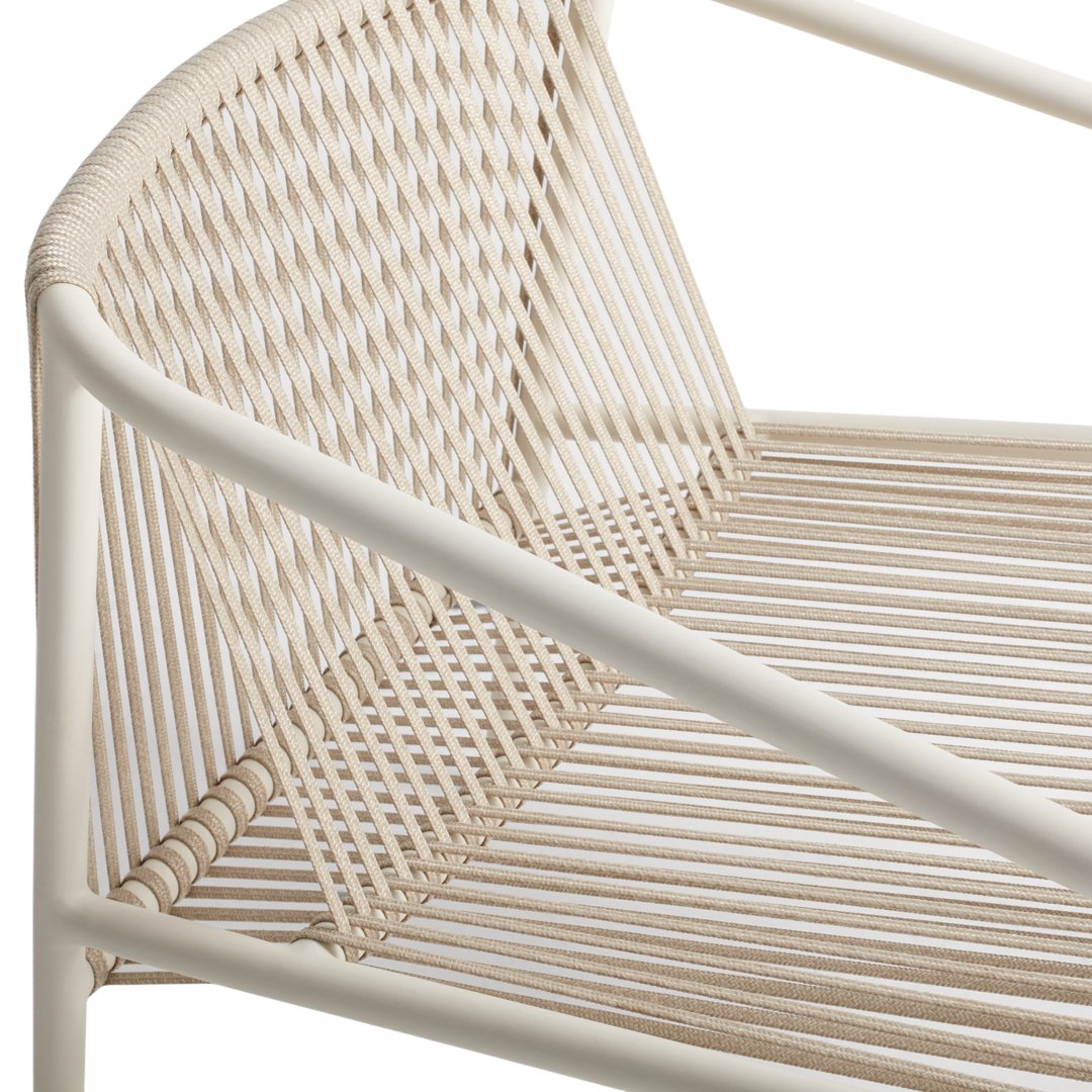 Beige woven seat cushion with a subtle crisscross pattern and creamy white frame. Ideal for modern decor.