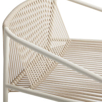 Beige woven seat cushion with a subtle crisscross pattern and creamy white frame. Ideal for modern decor.