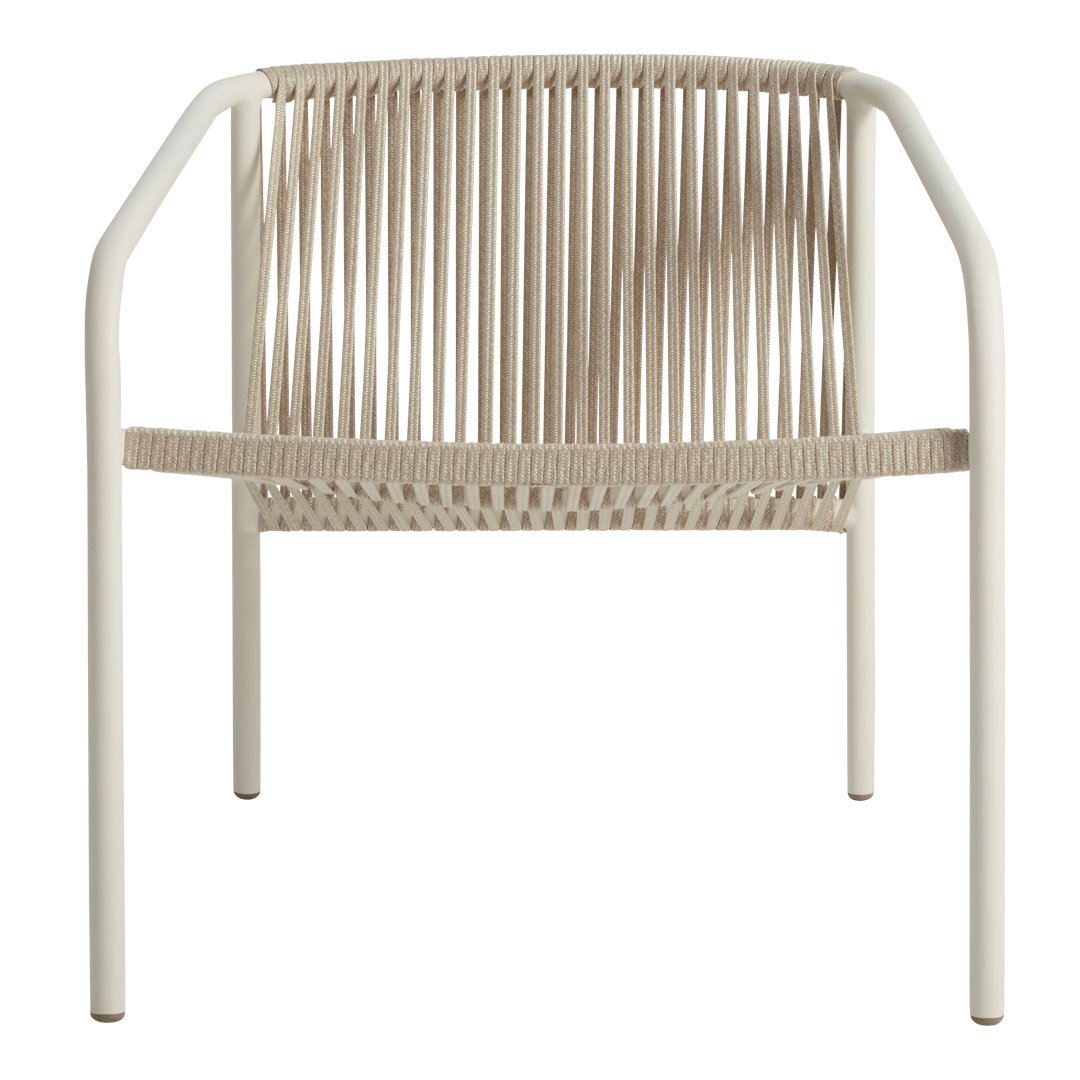 Beige and cream-hued chair with sleek lines and a rope-like pattern, perfect for modern decor.