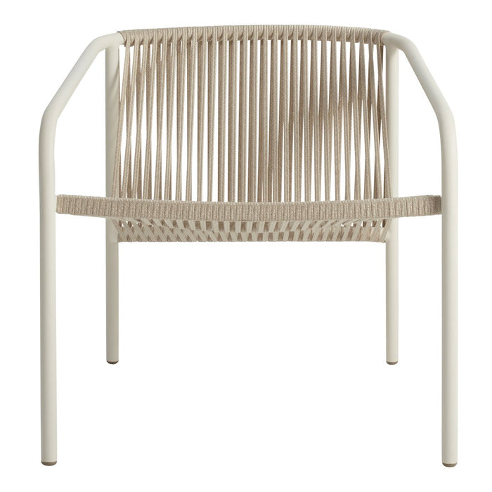 Beige and cream-hued chair with sleek lines and a rope-like pattern, perfect for modern decor.