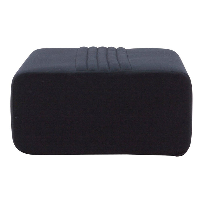 Black rectangular ottoman with subtle quilted pattern and smooth texture. Ideal for modern decor and versatile styling.