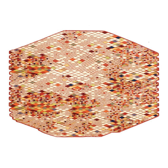 Hexagon rug featuring a vibrant pattern of warm colors, including orange, red, yellow, and hints of blue and brown.