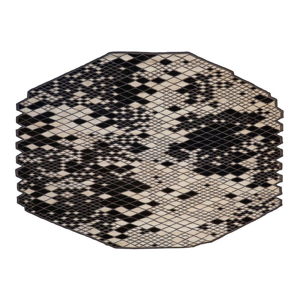 Black and white octagonal rug with a pixelated geometric pattern. Ideal for modern decor.