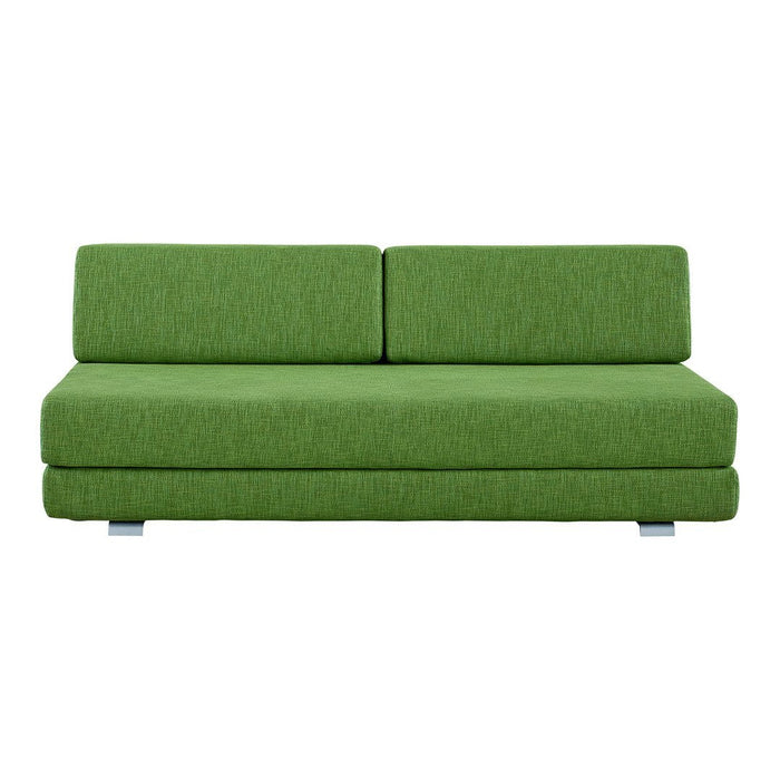 Modern green sofa with a textured finish and minimalist design, featuring two separate back cushions.