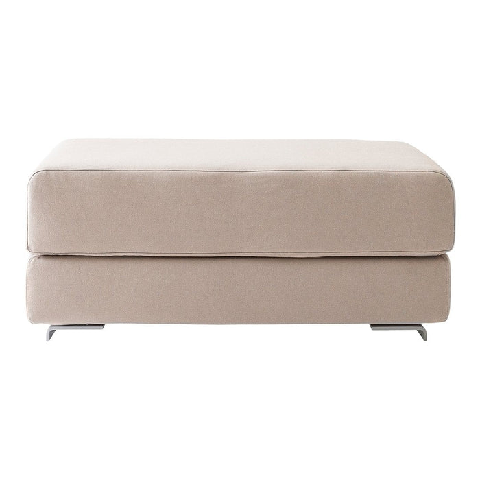 Beige upholstered ottoman with a smooth, solid pattern and sleek metal legs for modern decor.