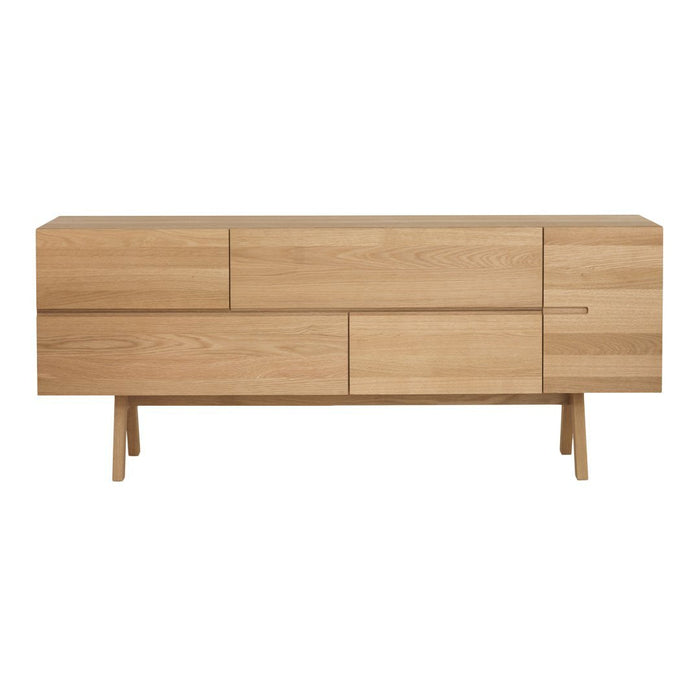 Natural oak sideboard featuring a minimalist design with smooth, light wood grain and subtle horizontal patterns.