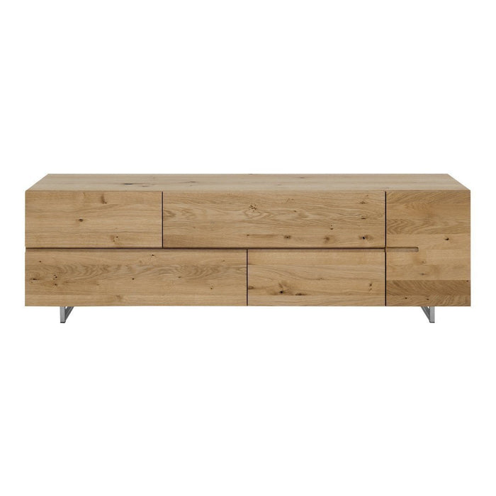 Light oak wood sideboard with a sleek, modern design featuring natural wood grain patterns and minimalist silver accents.