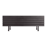 Sleek black wooden cabinet with horizontal slat design and sturdy legs for a modern touch. Perfect for any decor.