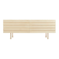Light natural wood TV stand with slatted design and minimalistic legs, showcasing a clean and modern aesthetic.