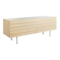 Light wood dresser with minimalist design, featuring smooth, pale wood finish and six horizontal drawer fronts.