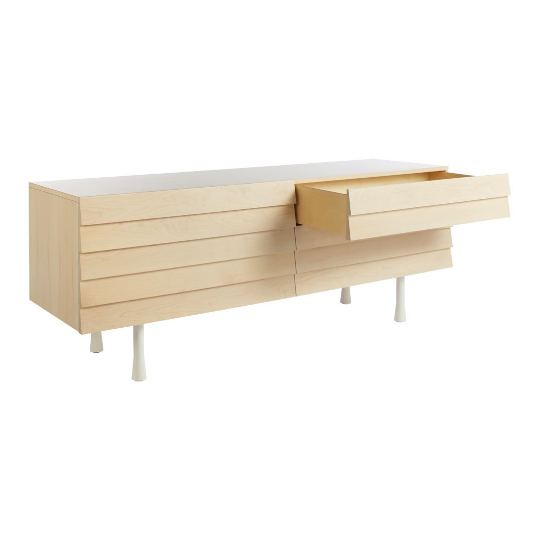 Light natural wood sideboard with minimalist design, featuring horizontal slats and a single open drawer.