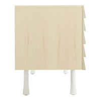 Light wood nightstand with a smooth finish and white legs, featuring a minimalist, modern design.