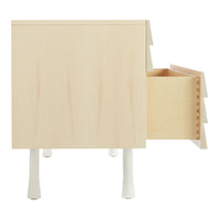 Light maple wood nightstand with white legs and a clean, minimalist design featuring a simple drawer pattern.