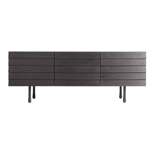 Sleek black wood sideboard with horizontal slats and polished metal legs, perfect for modern decor.