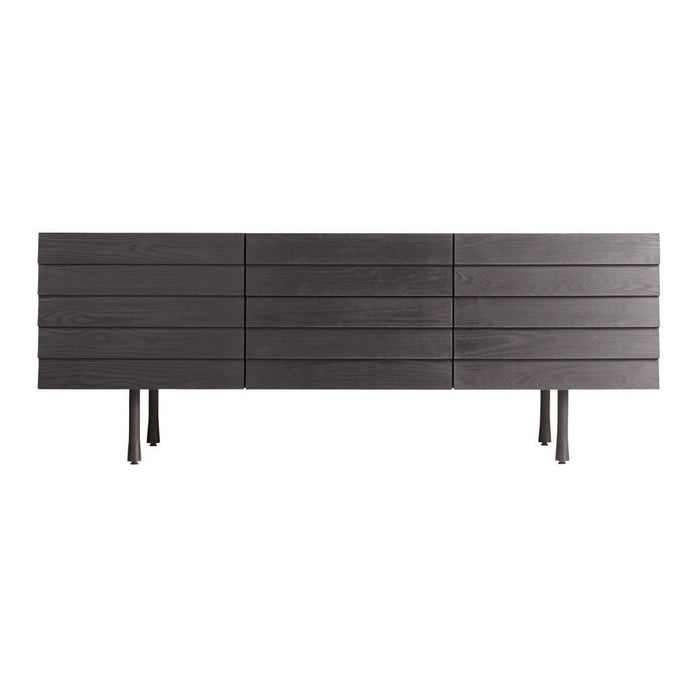 Sleek black wood sideboard with horizontal slats and polished metal legs, perfect for modern decor.