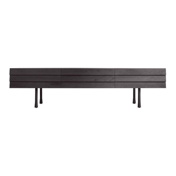 Sleek black modern media console with horizontal slats and minimalist design, featuring four slender legs.