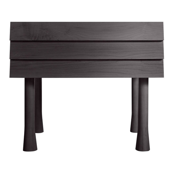 Black wooden table with a sleek, minimalist design and curved legs. Simple, modern aesthetic perfect for any decor.
