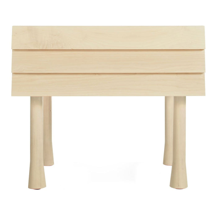 Natural wood color with a smooth, minimalist design featuring horizontal slats and tapered legs. Perfect for modern decor.