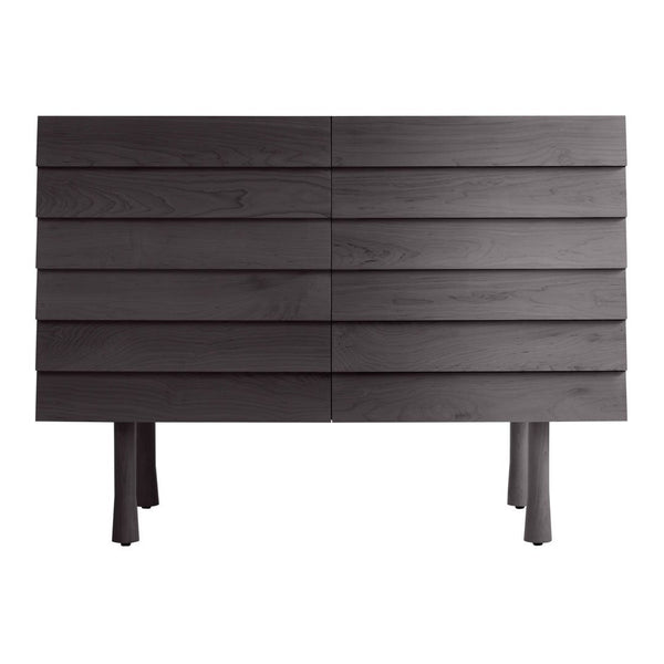 Dark wood chest with a modern slatted design and smooth finish, featuring clean lines and minimalistic style.