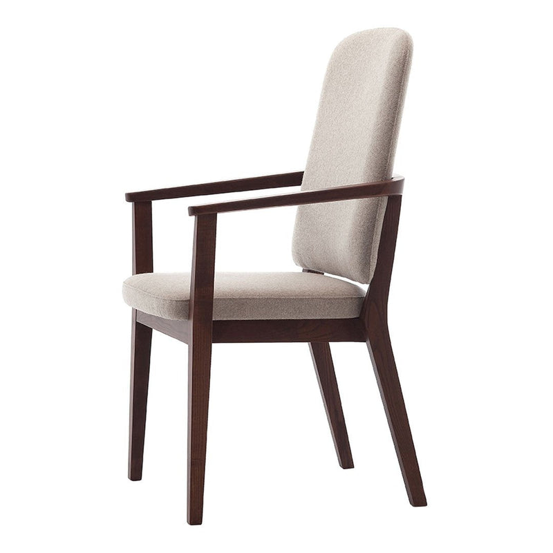 Beige fabric upholstered chair with a dark wood frame, featuring clean lines and a modern design. Perfect for any decor.