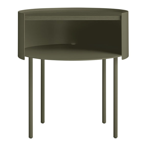 Olive green circular side table with a minimalist design and smooth finish. Perfect for modern interiors.