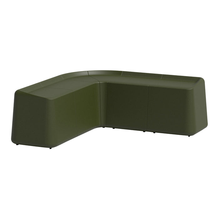 Green modular corner sofa with a sleek, modern design and smooth, textured surface. Ideal for contemporary spaces.