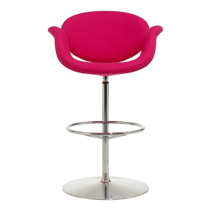 Vibrant pink fabric bar stool with a sleek chrome base, featuring a rounded backrest and modern design.