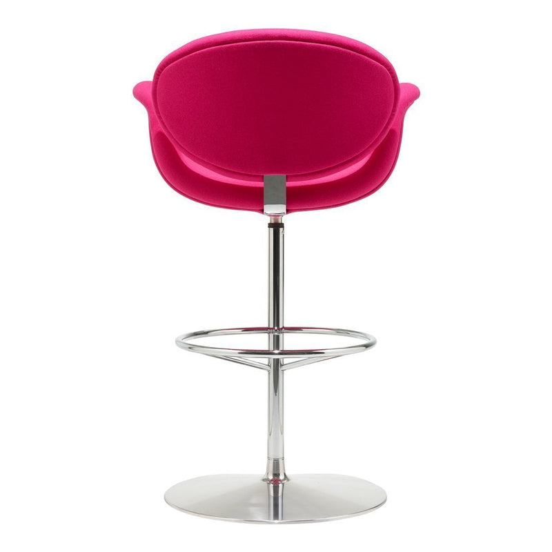 Fuchsia pink bar stool with a sleek chrome base and modern design, perfect for vibrant decor.