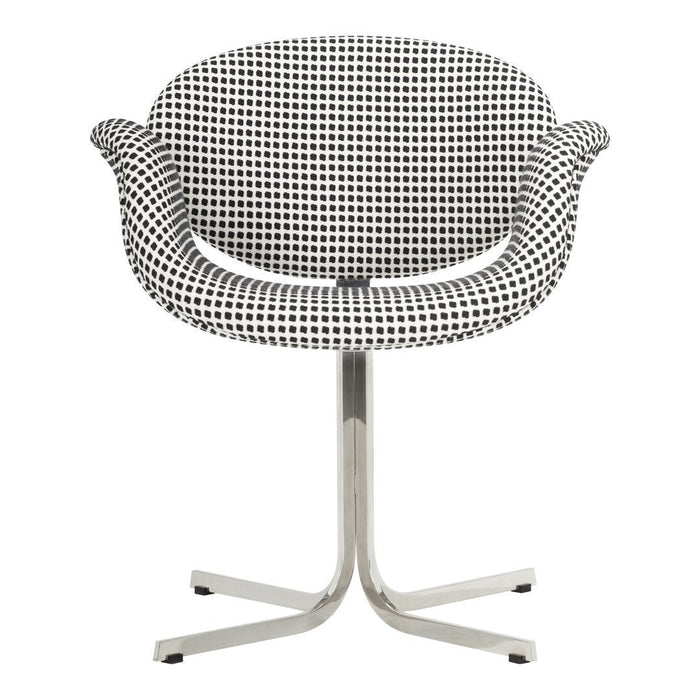 Black and white checkered fabric upholstered chair with a sleek chrome base. Perfect for modern interiors.