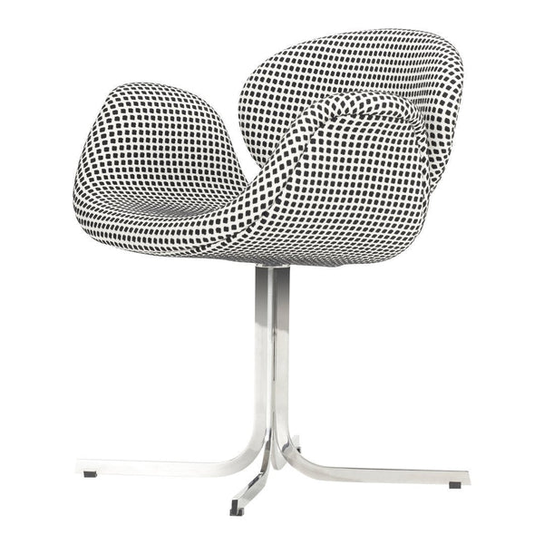 Black and white checkered pattern chair with sleek metal base, perfect for modern decor. Stylish and contemporary design.
