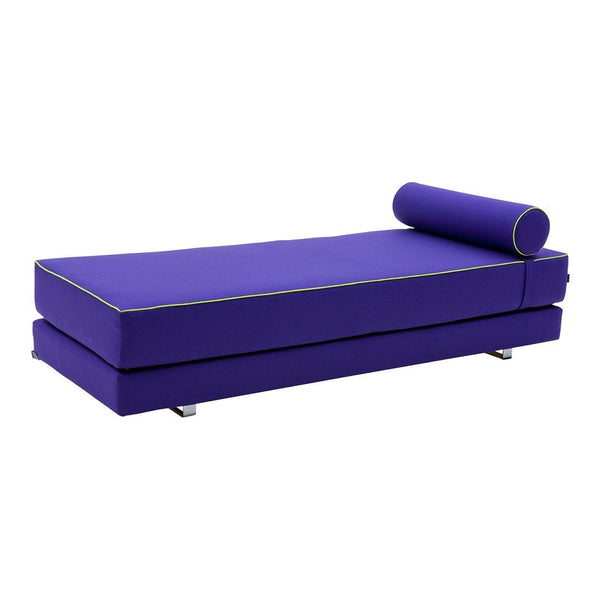 Purple mattress with a matching bolster pillow and contrasting yellow piping on a modern design.