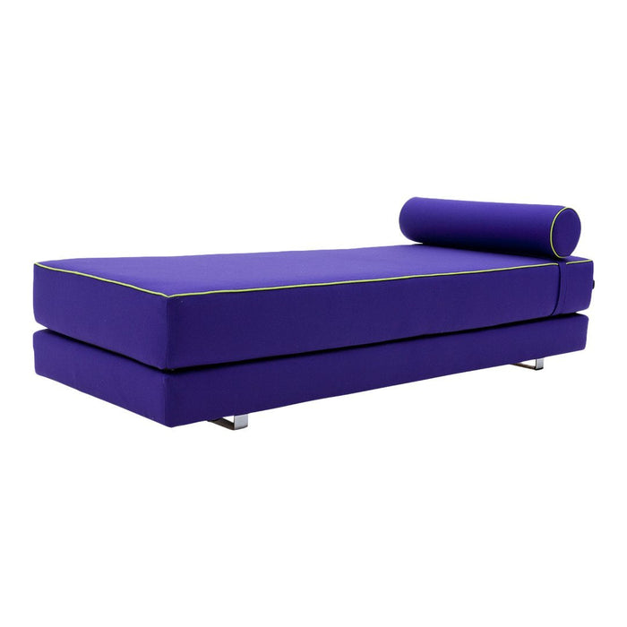 Vibrant purple chaise lounge with contrasting lime green piping and a matching bolster pillow.