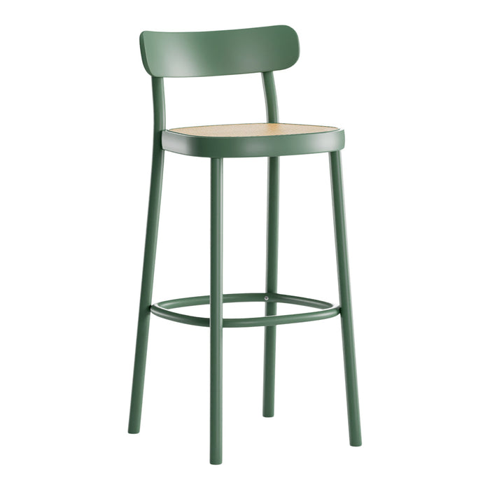 Green metal bar stool with a natural wood seat, sleek design and minimalistic style, perfect for modern interiors.