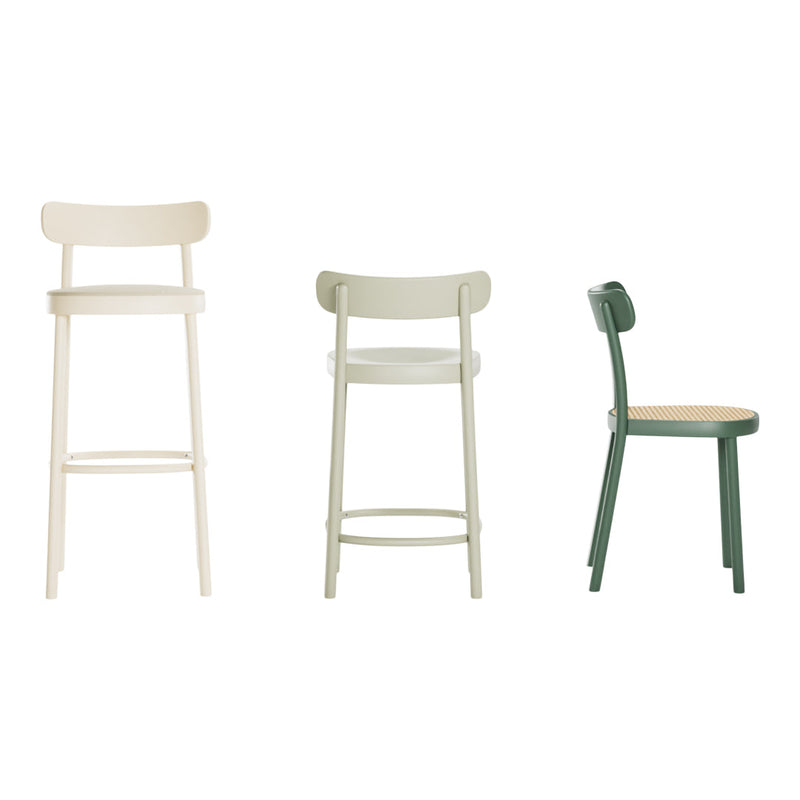 Set of three wooden chairs in off-white, light green, and dark green tones, showcasing simple and modern design.