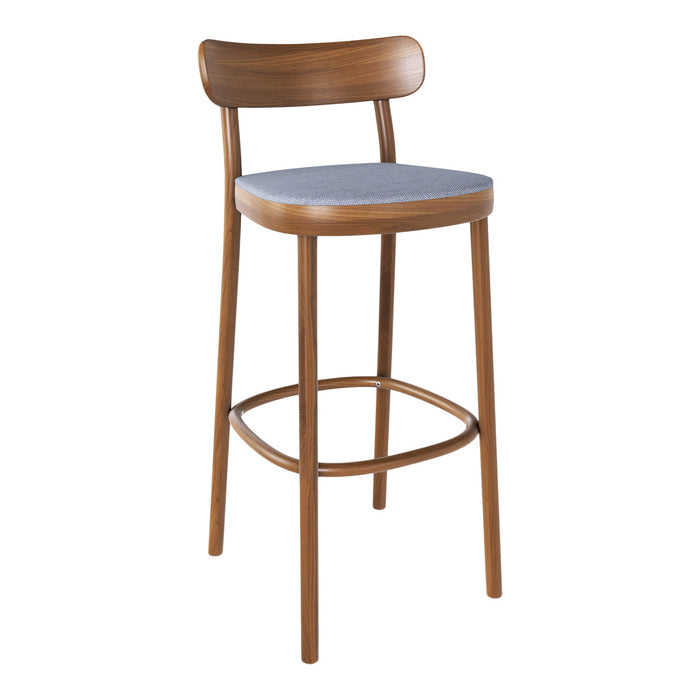 Wooden bar stool with a warm brown finish and a light gray padded seat, featuring a minimalist design.