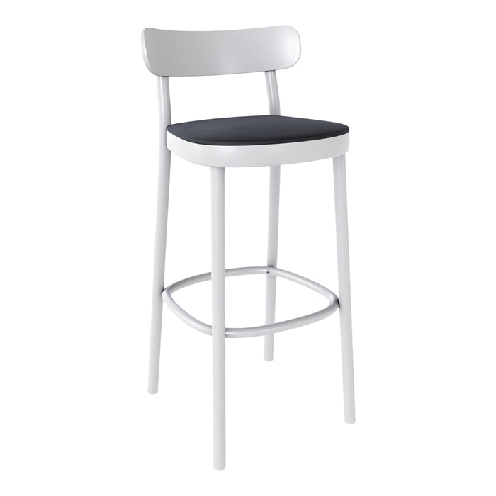 White bar stool with a sleek design and a contrasting black seat cushion, perfect for modern interiors.