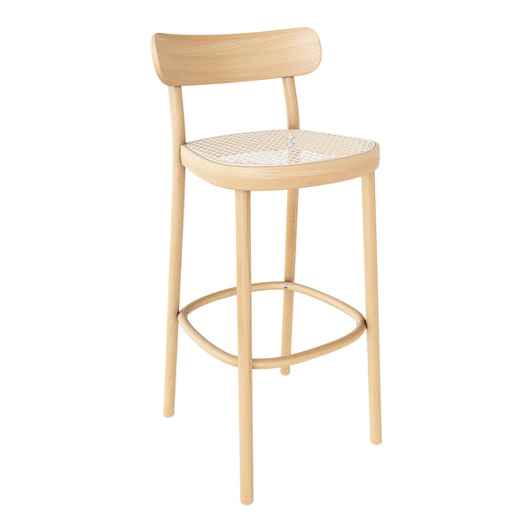Natural wood bar stool with a light finish and woven cane seat, showcasing a simple, modern aesthetic.