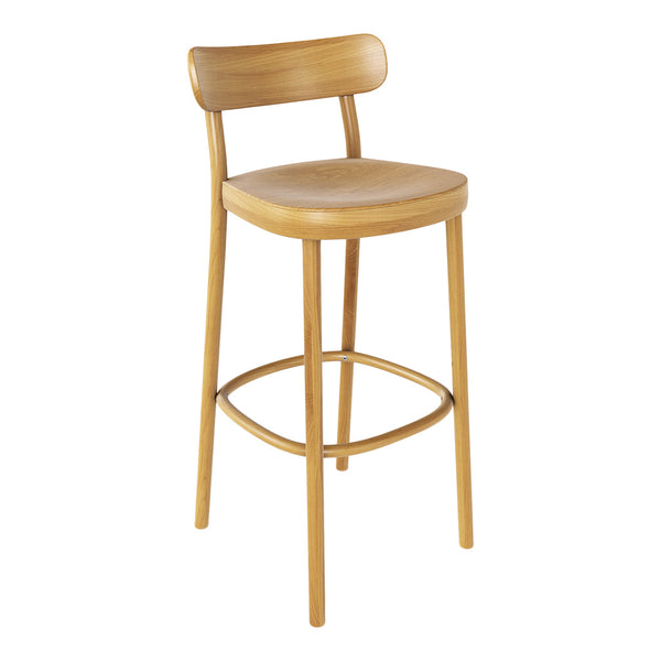 Natural wood bar stool with a smooth light brown finish and minimalist design. Ideal for modern decor settings.