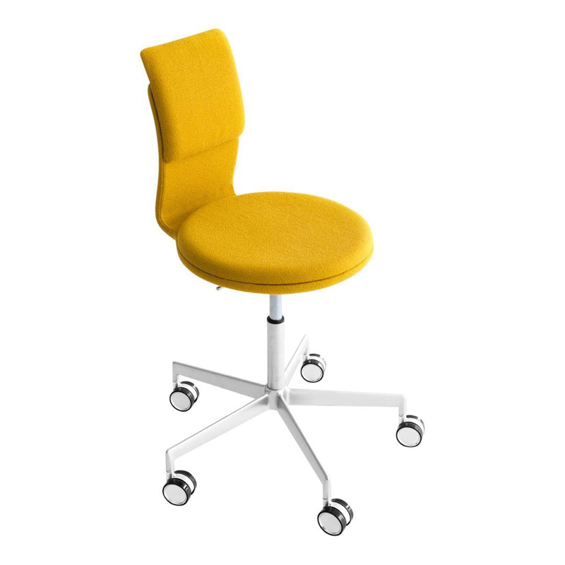 Yellow upholstered office chair with a sleek white base and rolling casters, featuring a modern, minimalist design.