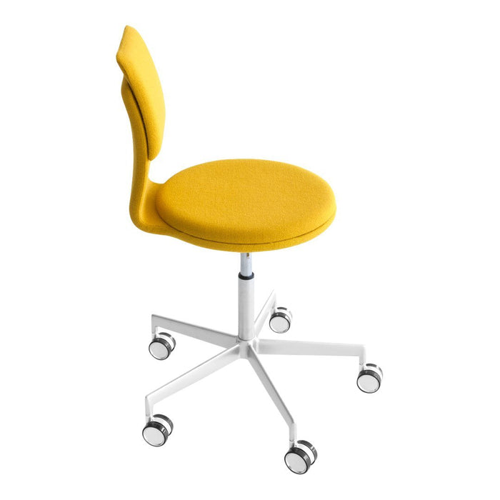 Yellow upholstered office chair with a sleek white base and wheels, perfect for modern workspace decor.