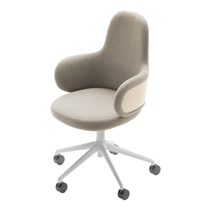 Beige upholstered chair with rounded arms, white base, and smooth, minimalist design. Ideal for modern office decor.