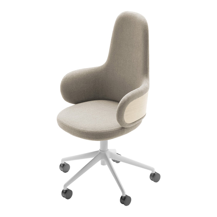 Beige upholstered office chair with smooth, minimalist design and white base on rolling casters.